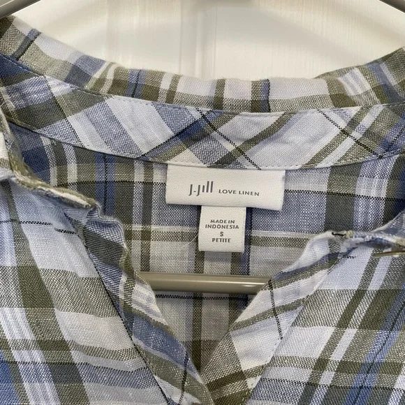 J. Jill Love Linen Blue and Green Plaid Linen Shirt with Pockets | Petite Small - Picture 3 of 12